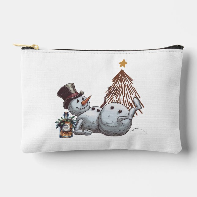 Drunk snowman with a bottle of whiskey. accessory pouch (Front)