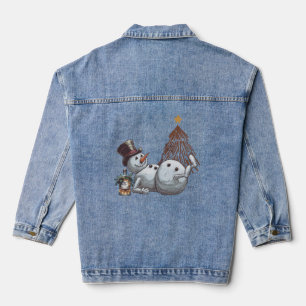 Drunk snowman with a bottle of whiskey. denim jacket