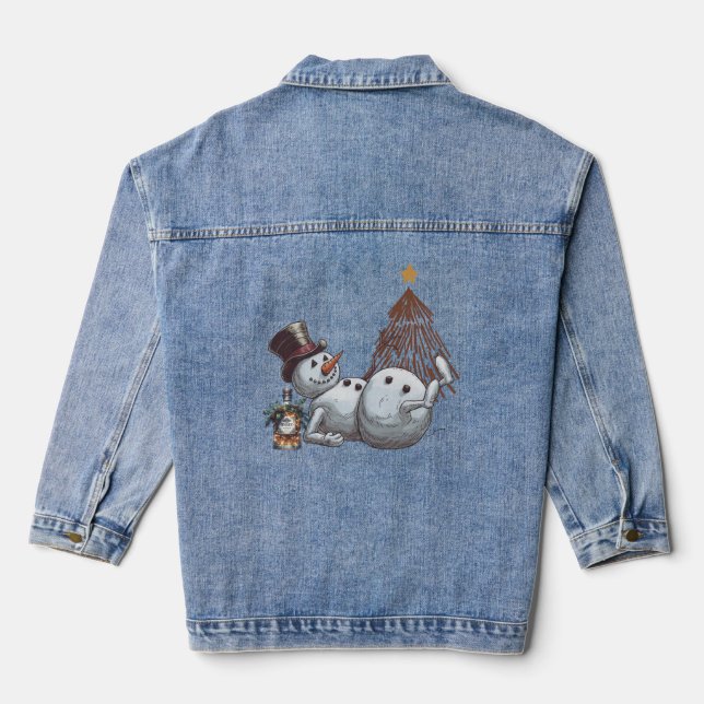 Drunk snowman with a bottle of whiskey. denim jacket (Back)