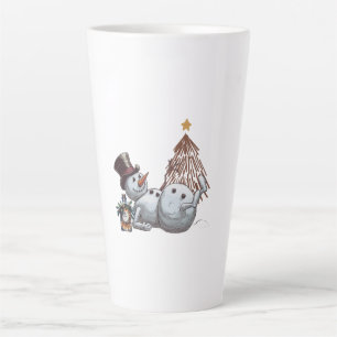 Drunk snowman with a bottle of whiskey. latte mug