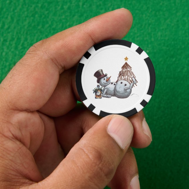 Drunk snowman with a bottle of whiskey. poker chips (Hand)