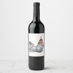Drunk snowman with a bottle of whiskey. wine label