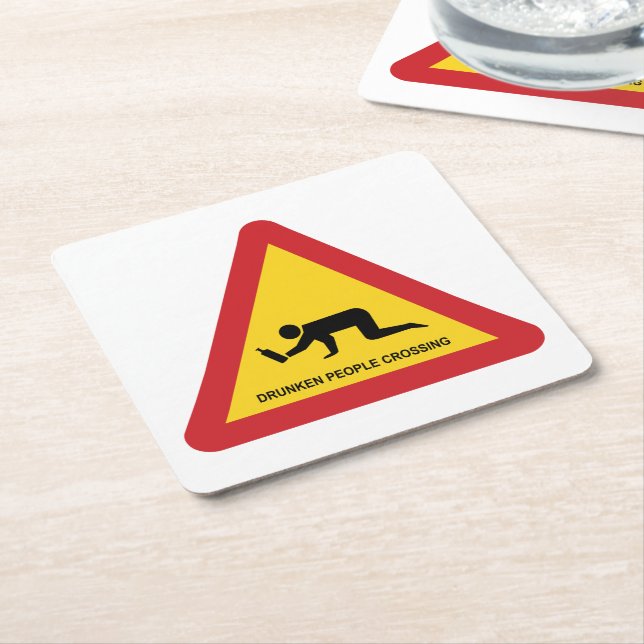 DRUNKEN PEOPLE CROSSING TRAFFIC SIGN SQUARE PAPER COASTER (Angled)