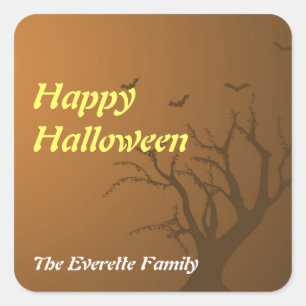 Dry as bones burnt orange scary tree halloween square sticker