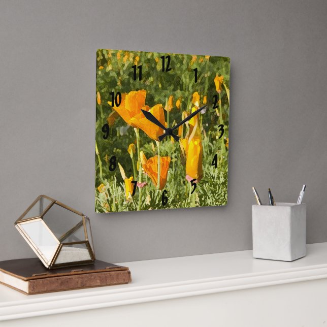 Dry Brush Effect on California Poppy Photograph Square Wall Clock (Office)