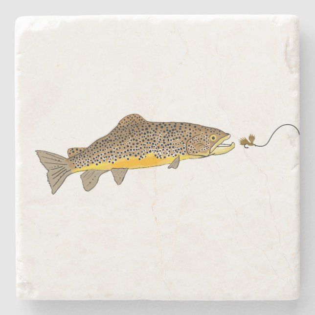 Dry Fly Fishing Brown Trout Stone Coaster (Front)