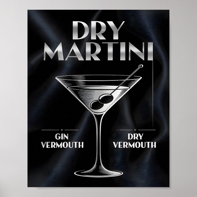 Dry Martini Cocktail Ingredients Silver Black Bar Poster (Front)