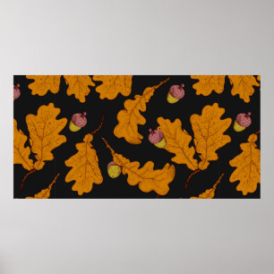 Dry oak leaves and acorns. Hand drawn seamless pat Poster