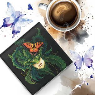 Dryad Green Leaves Butterfly Glass Coaster