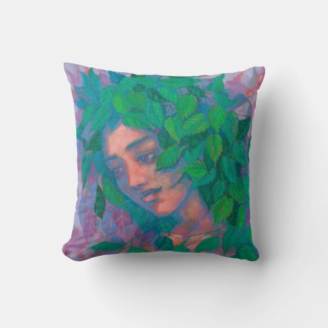 Dryad Tree Spirit Green Leaves Surreal Fantasy Art Cushion (Front)