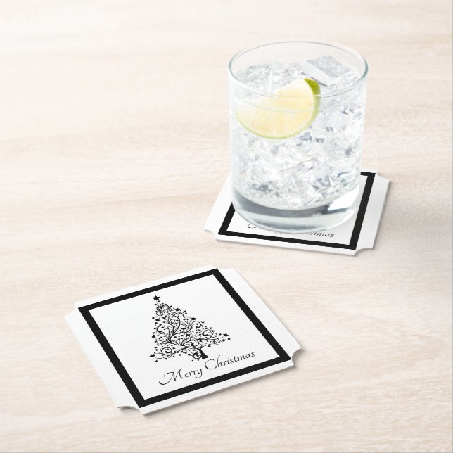 Dual Black and White Minimalistic Christmas Trees Paper Coaster (Insitu)
