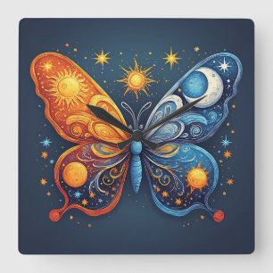 Dual-Coloured Butterfly Over Bright Sun Square Wall Clock