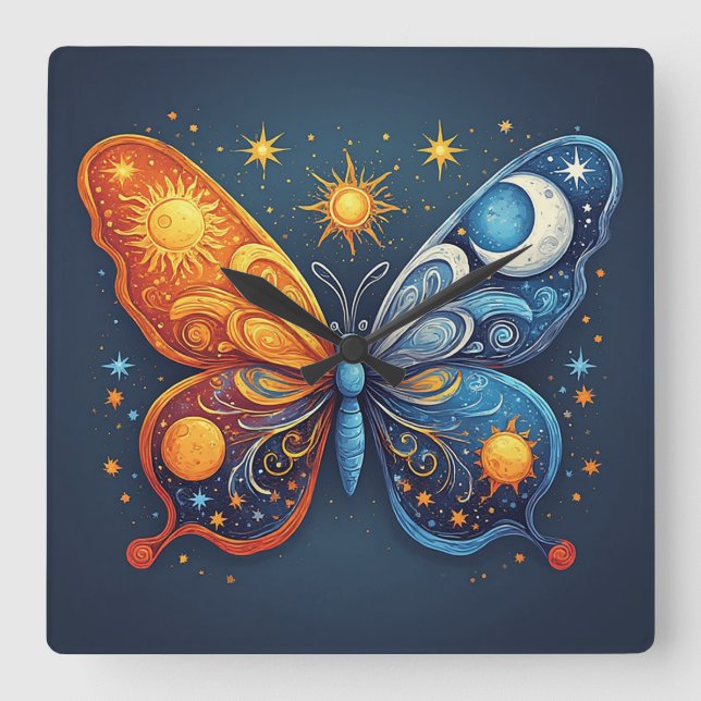 Dual-Coloured Butterfly Over Bright Sun Square Wall Clock (Front)