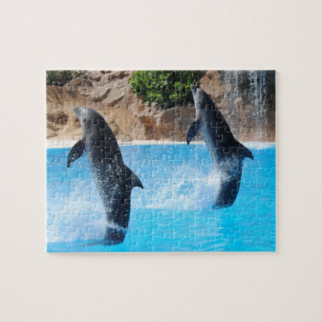 Dual Dolphins with Waterfall Jigsaw Puzzle (Horizontal)