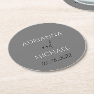 Dual Grey Wedding Couple's Name & Date Circle Round Paper Coaster