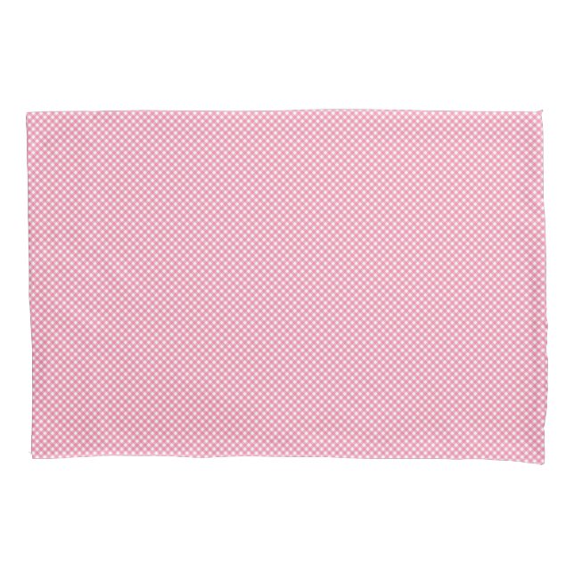 Dual images of a rectangular pink gingham-patterne pillowcase (Front)