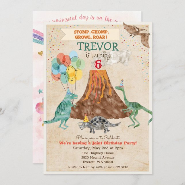 DUAL INVITE - Unicorn and Dinosaur Birthday Invite (Front/Back)