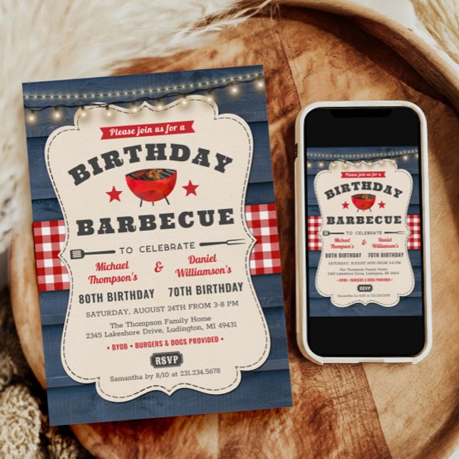 Dual Joint Double Birthday BBQ Summer Barbecue Invitation (Dual Joint Double Birthday Summer BBQ Barbecue Party)