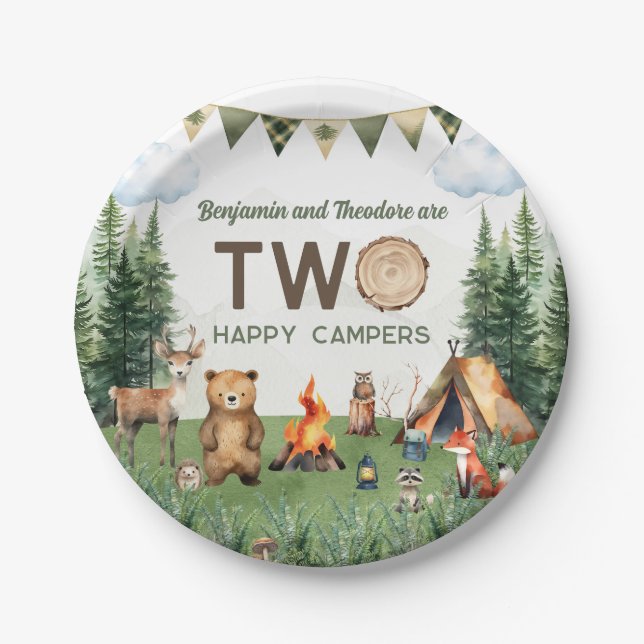 Dual Joint Double Camping Birthday Party Paper Plate (Front)