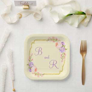 Dual Monogram Flower Frame Casual Wedding  Paper Plate