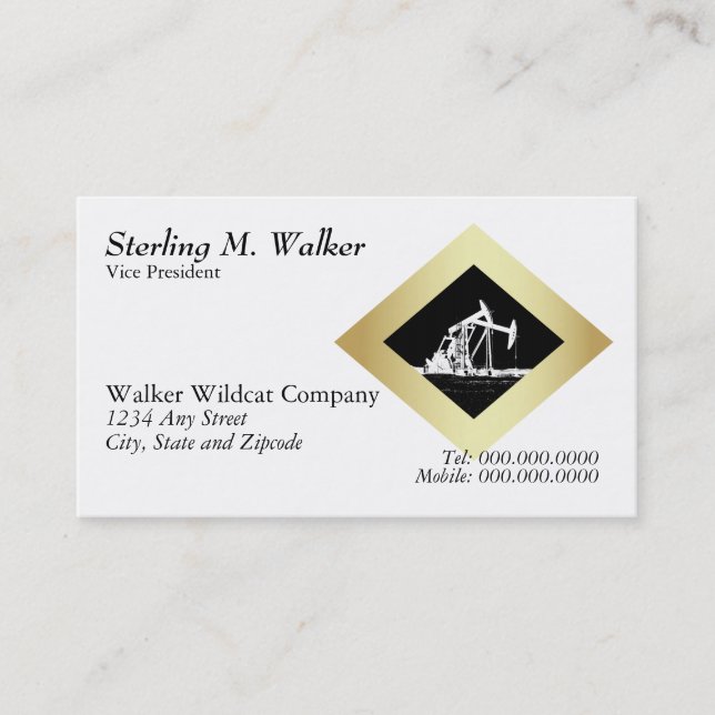 Dual Oil Well Pumping Unit Gold Diamond on White Business Card (Front)