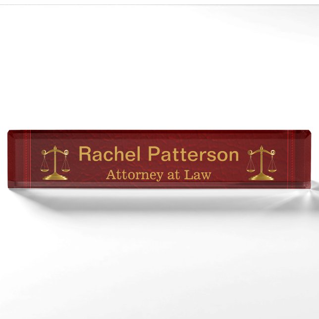 Dual Scales of Justice on Rustic Red Leather Nameplate (Front)