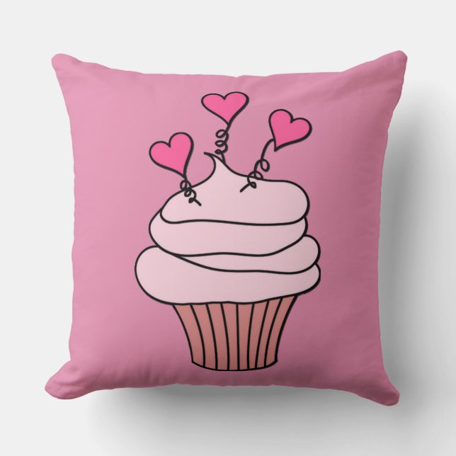 Dual-Sided Cute Pink & White Heart Cupcake Pillow (Front)