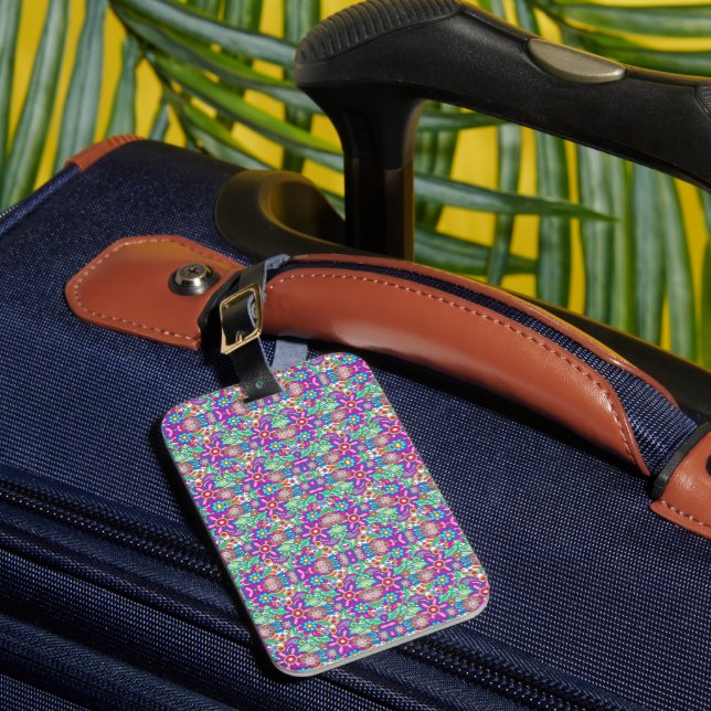 Dual-sided luggage tag with a colourful geometric  (Front Insitu 1)