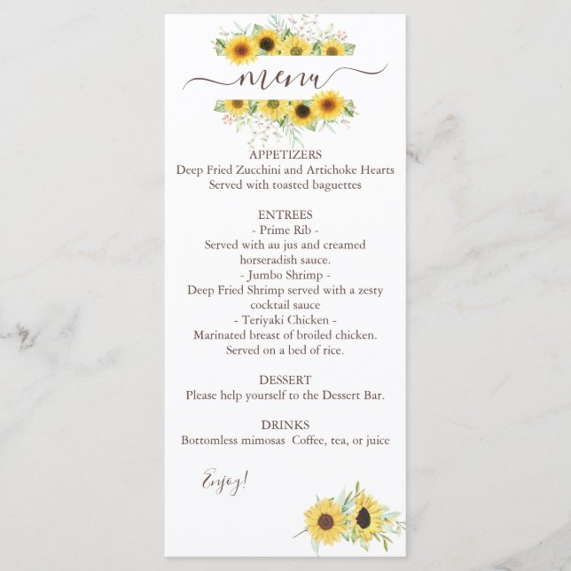 Dual Watercolor Sunflower Wedding Menu (Front)