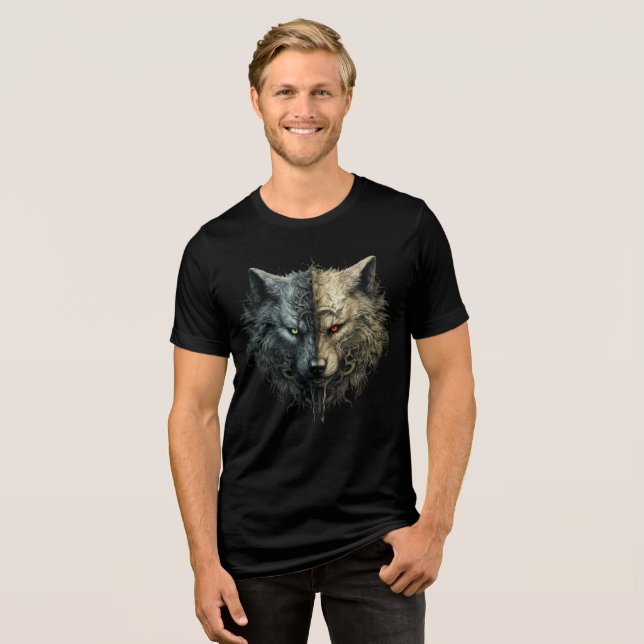 Dual Wolf Spirits – Light & Dark Totem Art Tri-Blend Shirt (Front Full)