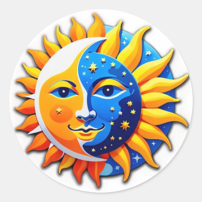 Duality of Day and Night: Sun and Moon Face Classic Round Sticker (Front)