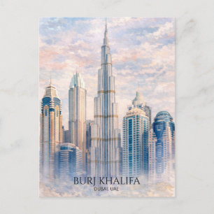 Dubai Burj Khalifa Luxury City Skyline Watercolor  Holiday Postcard