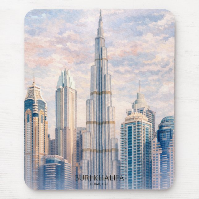 Dubai Burj Khalifa Luxury City Skyline Watercolor  Mouse Pad (Front)
