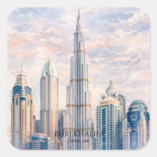 Dubai Burj Khalifa Luxury City Skyline Watercolor  Square Sticker
