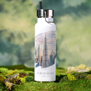 Dubai Burj Khalifa Luxury City Skyline Watercolor  Water Bottle