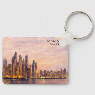 Dubai Marina Skyline Watercolor City Lights Travel Key Ring