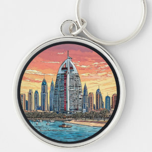 Dubai Skyline at Evening with Iconic Tower Key Ring