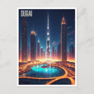 Dubai Skyline Night Travel Postcard