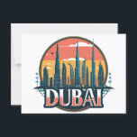 Dubai skyline Travel Postcard<br><div class="desc">Capture the timeless charm of Dubai with this design in Vintage Travel style featuring a coastal scene with the beach and skyline of Dubai. Whether you're a proud local,  a frequent visitor,  or gifting a memento of cherished memories,  this print is ideal for you.</div>