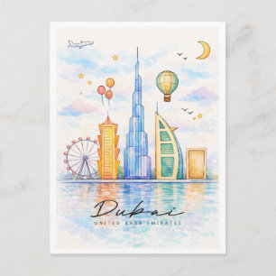 Dubai Skyline Watercolor UAE Cityscape Art Holiday Postcard