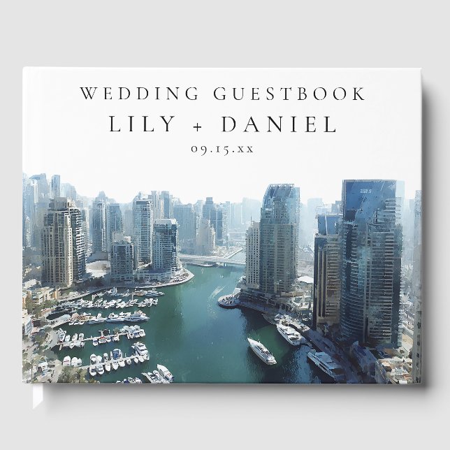 Dubai Skyline Watercolor Wedding Guest Book (Front)