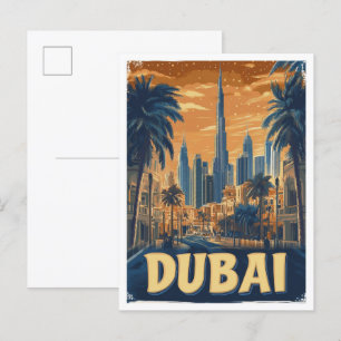 Dubai UAE Art Vintage Illustration Travel Postcard