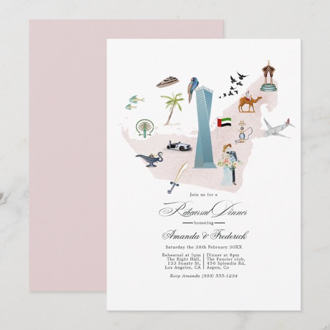 Dubai UAE Destination Wedding Rehearsal Dinner Invitation (Front/Back)