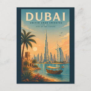 Dubai UAE Illustration Travel Art Vintage Postcard