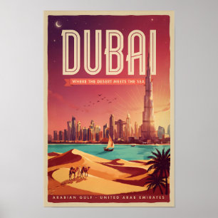 Dubai UAE Night Skyline Illustration Travel Art Poster