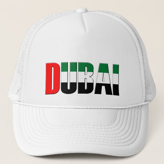 Dubai UAE Typography Elegant Text Only Trucker Hat (Front)