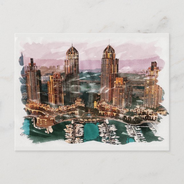 Dubai UAE Unique Watercolor Travel Fine Art Postcard (Front)