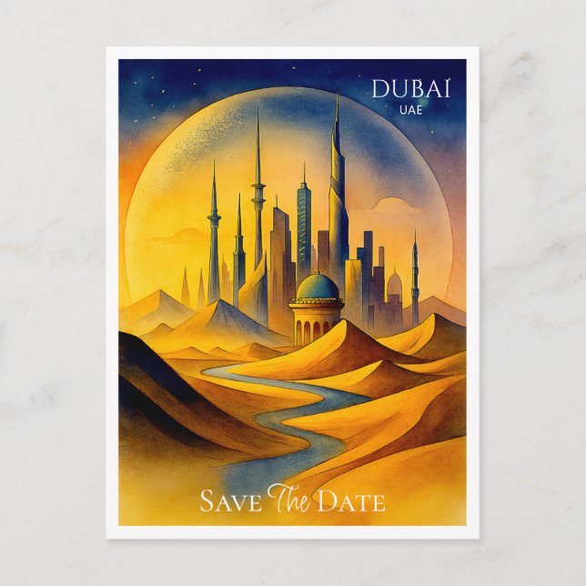 Dubai UAE Watercolor Save the Date Postcard (Front)