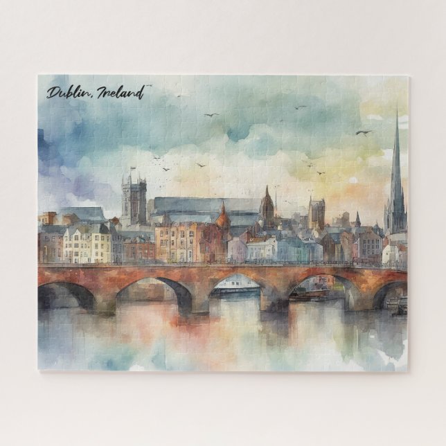 Dublin Ireland City Silhouette Watercolor Painting Jigsaw Puzzle (Horizontal)