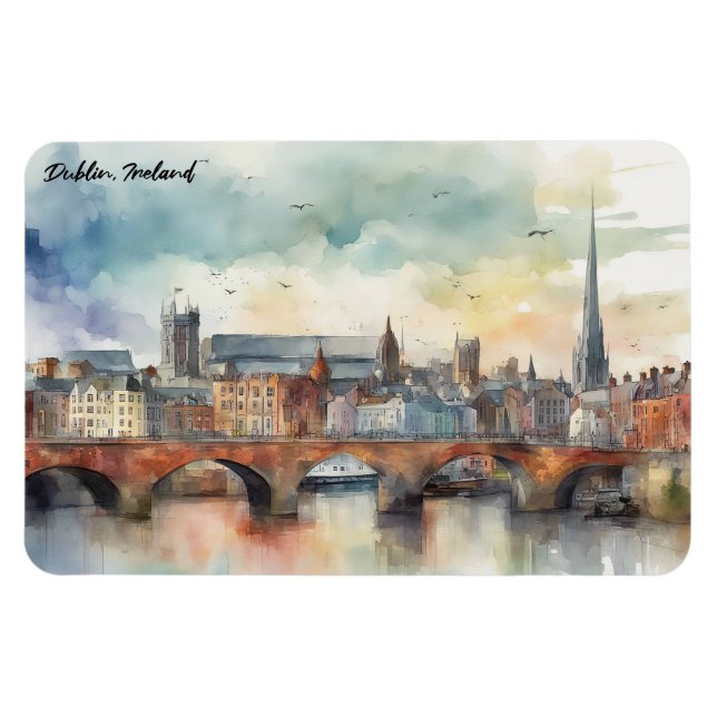 Dublin Ireland City Silhouette Watercolor Painting Magnet (Horizontal)